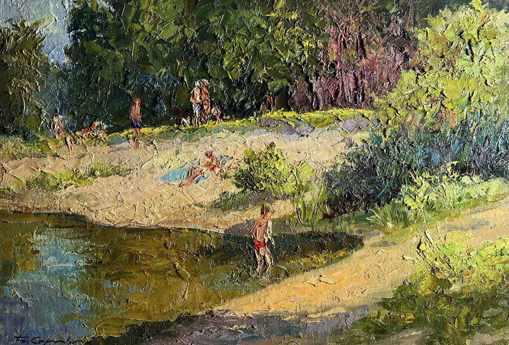 Impressionistic oil painting Summer vacation on the river by Boris Serdyuk