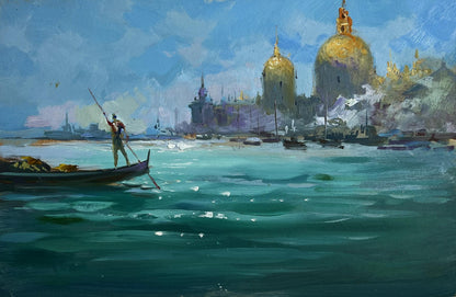 Oil painting of dark gondola gliding turquoise Venice waters by Yuriy Suprunchuk