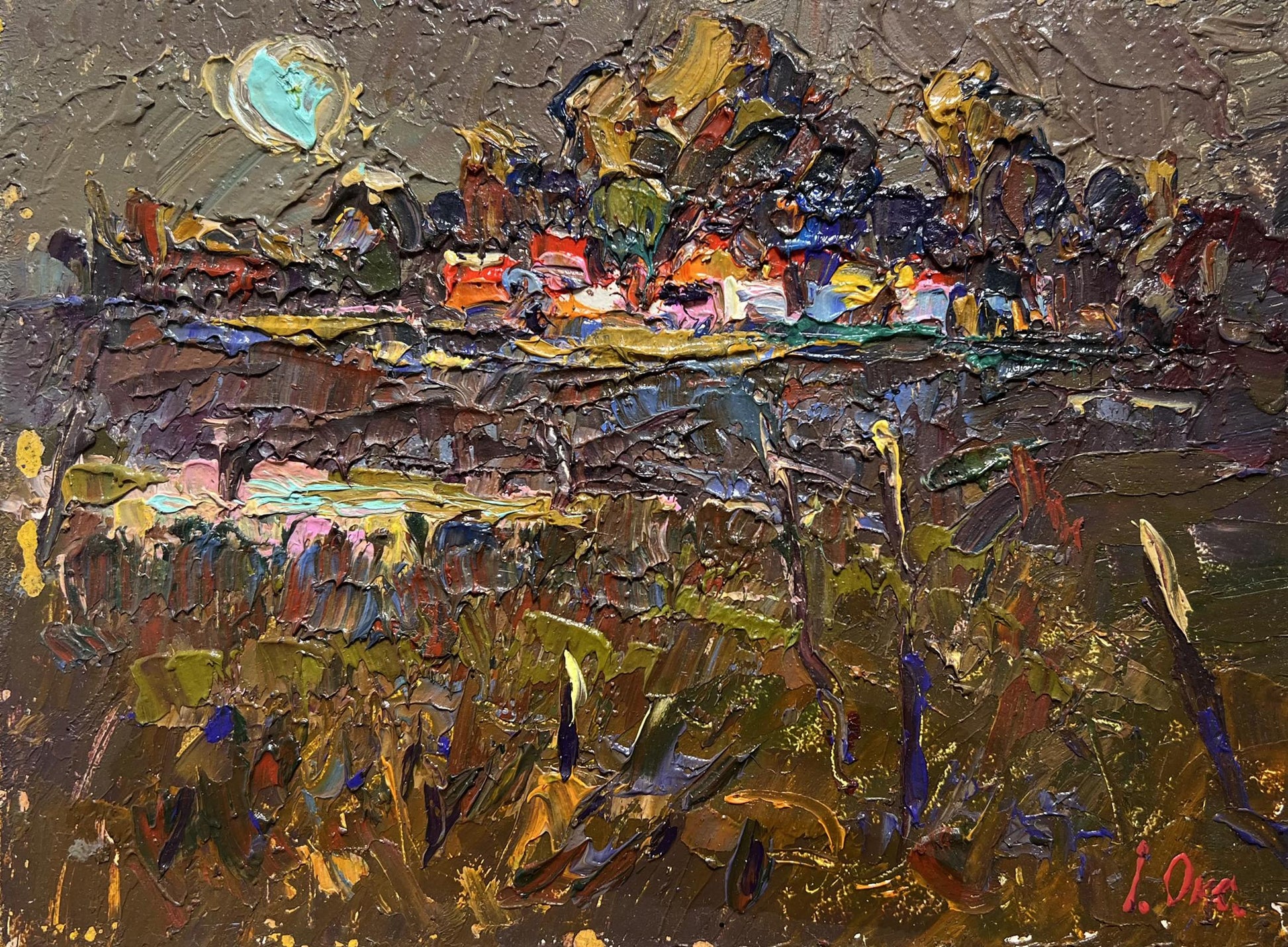 Oil painting Evening Silence in the Village by Oleksiy Ivanyuk impasto landscape