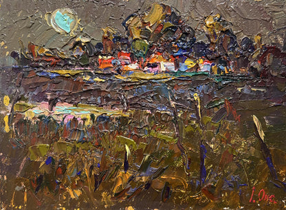 Oil painting Evening Silence in the Village by Oleksiy Ivanyuk impasto landscape