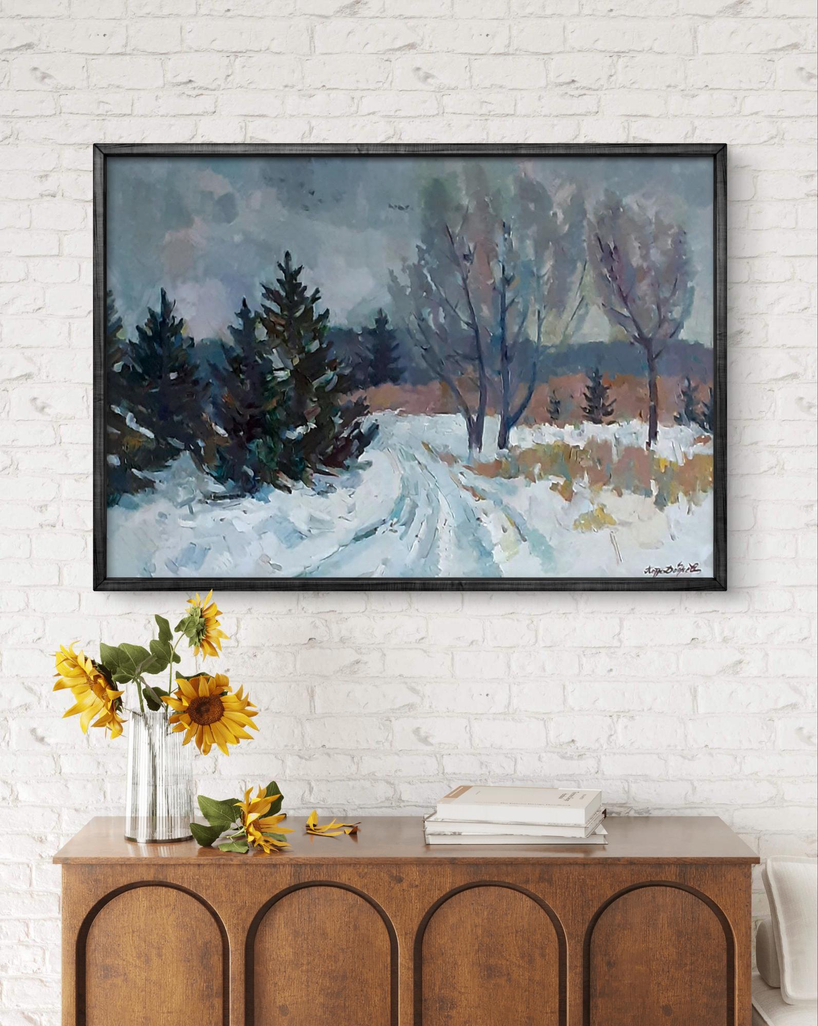 Framed snowy Christmas trees oil painting by Peter Dobrev