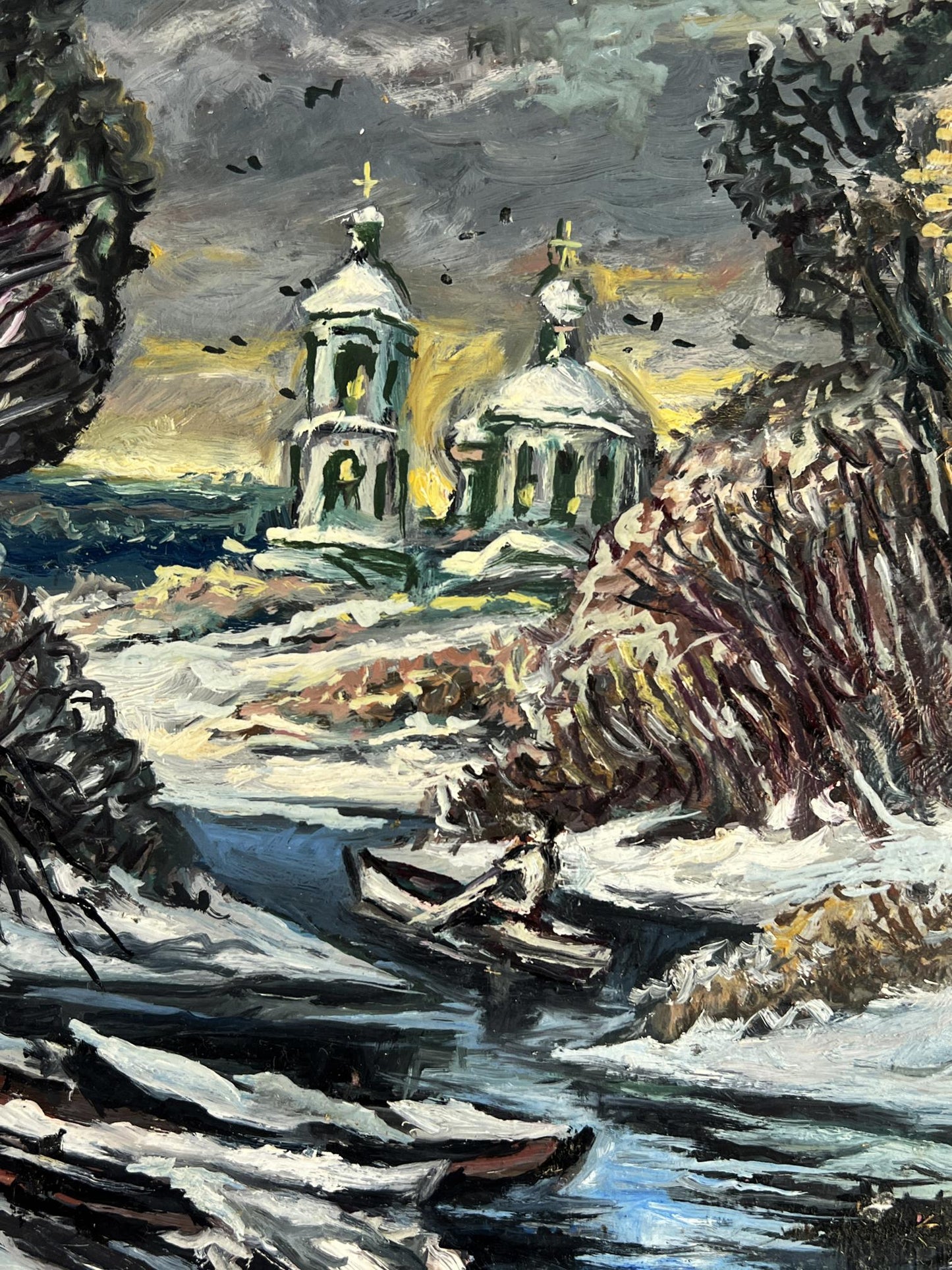 Oil painting by Alexander Litvinov: snowy church in winter forest stream