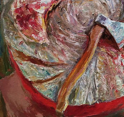 Oil painting Lunch break with meat by Leonid Pavlenko, textured red white garment