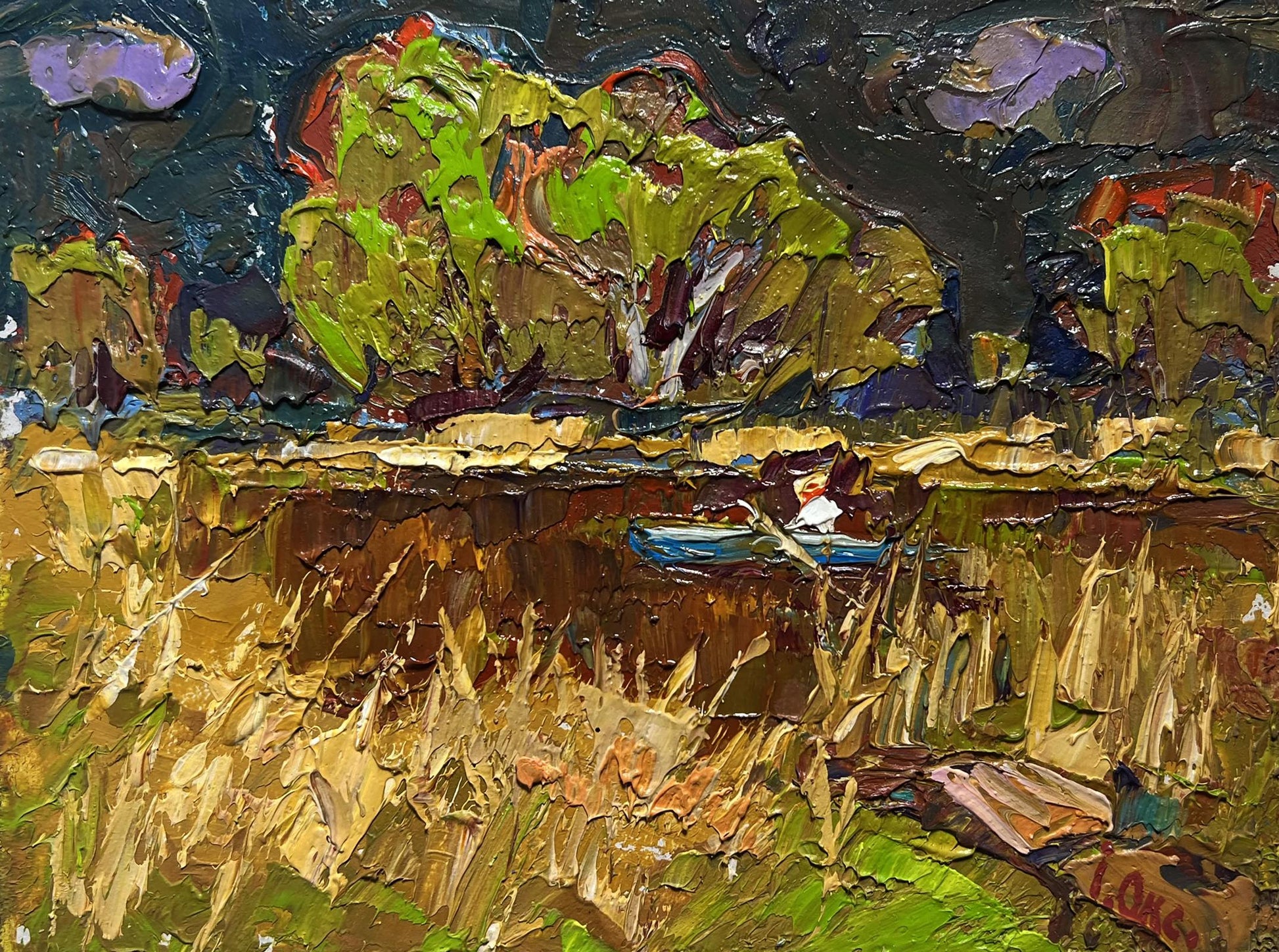Oil painting Going fishing after the rain by Oksana Ivanyuk with textured green landscape and blue boat