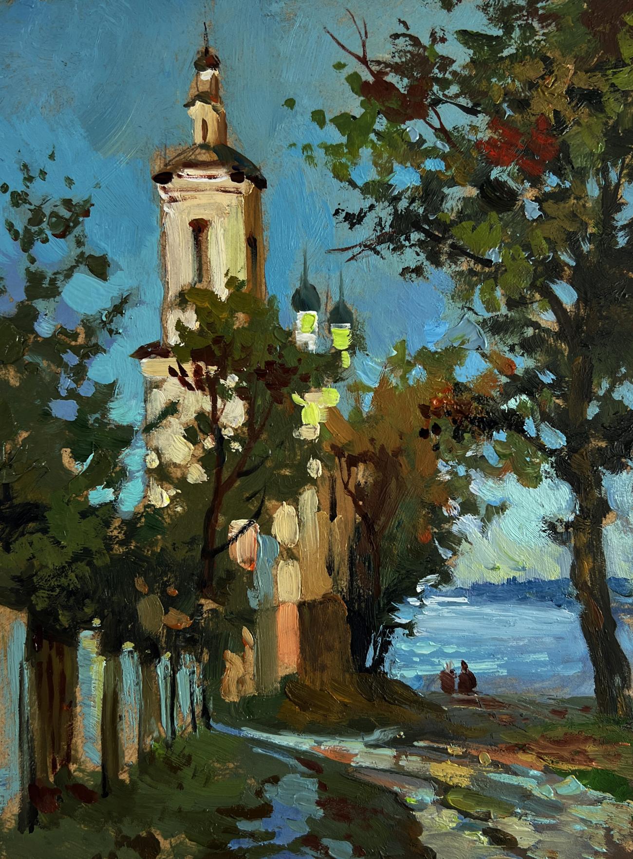 Oil painting of Yuriy Suprunchuk monastery towers above green trees