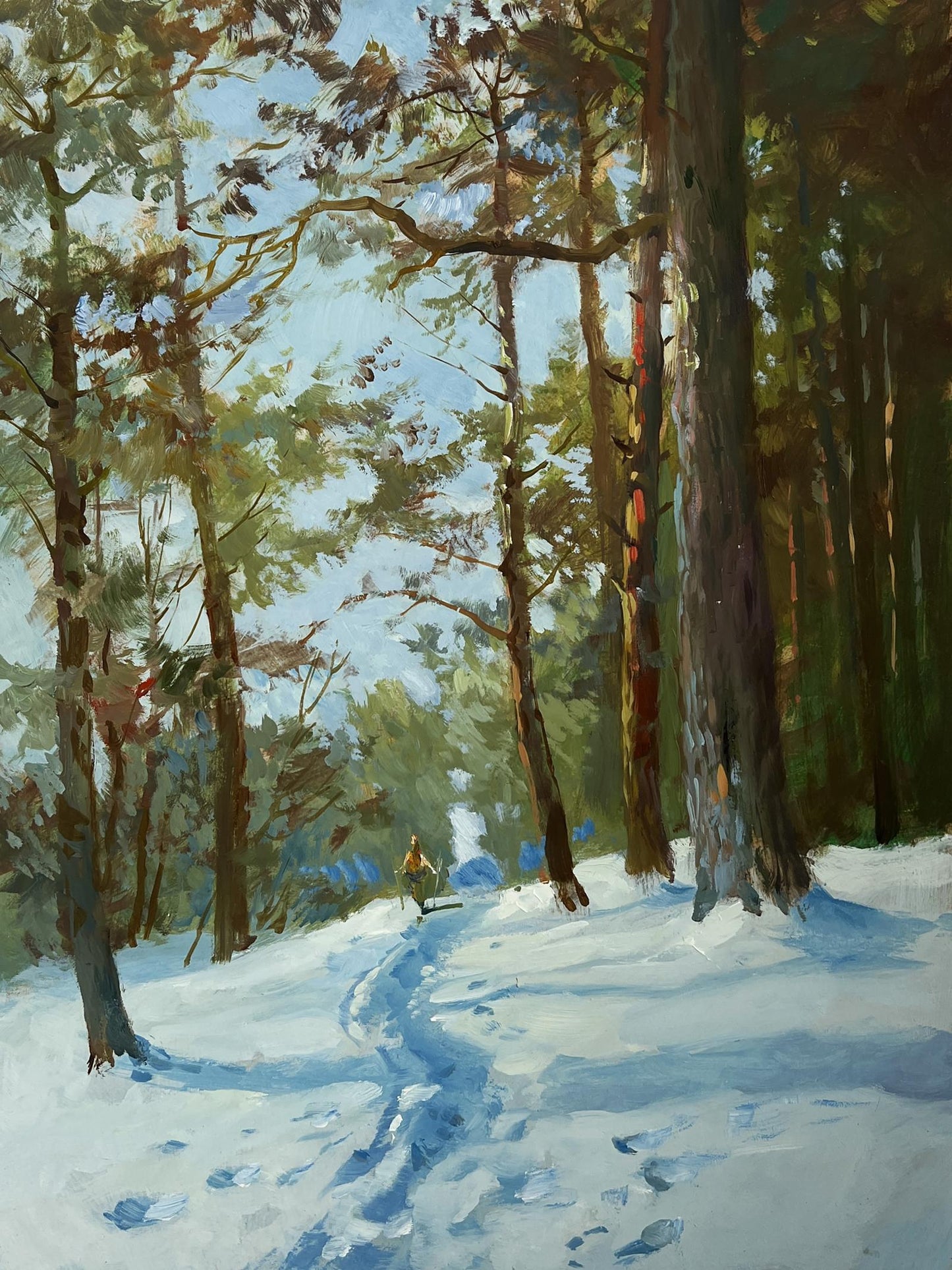 Oil painting of serene snowy forest path by Yuriy Suprunchuk