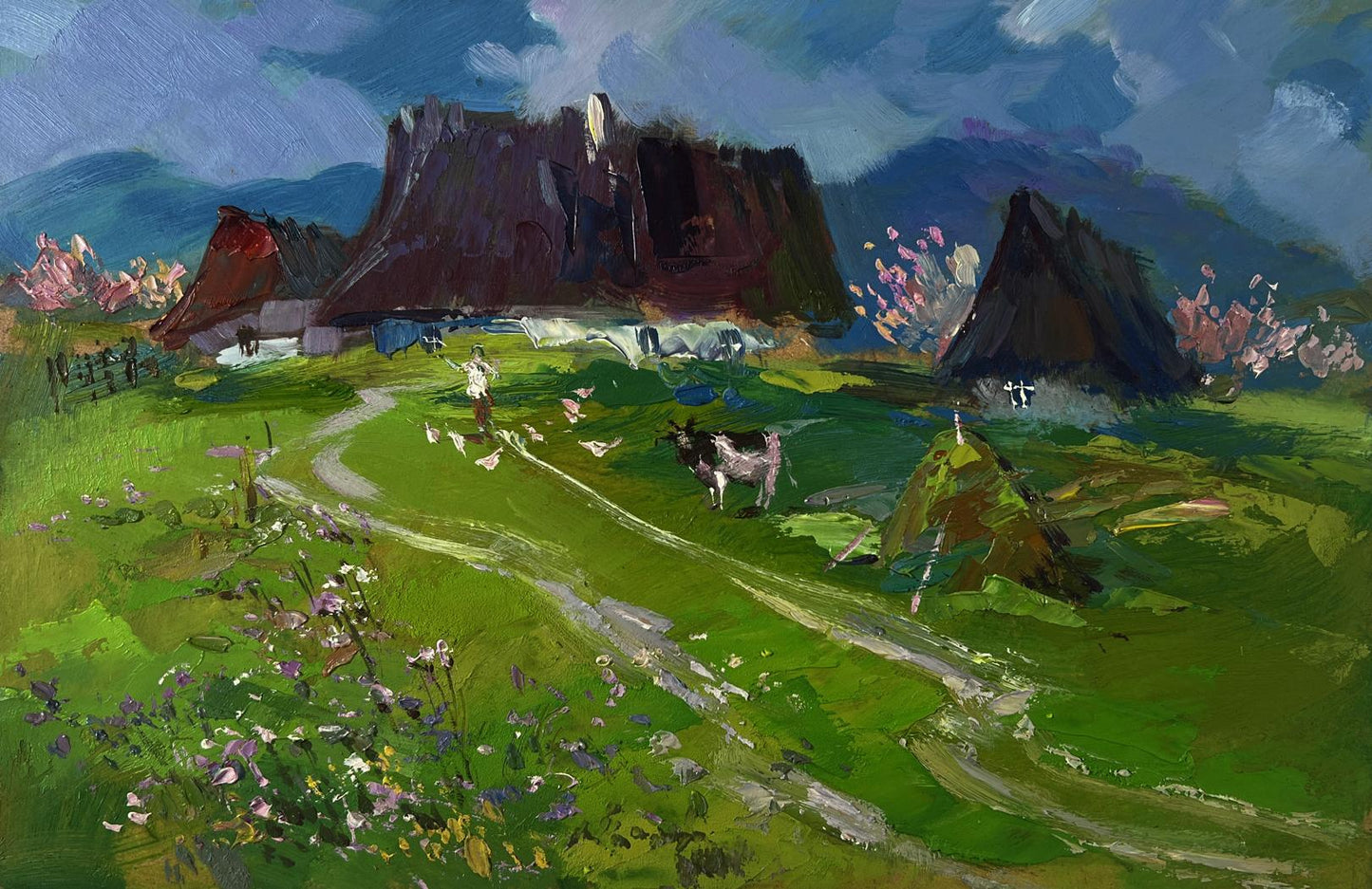 Oil painting Quiet village on a green hill by Yuriy Suprunchuk
