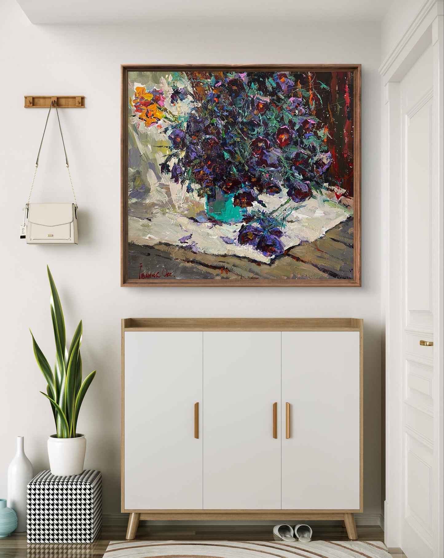 Vibrant Dream Grass oil painting by Oksana Ivanyuk in wooden frame above cabinet