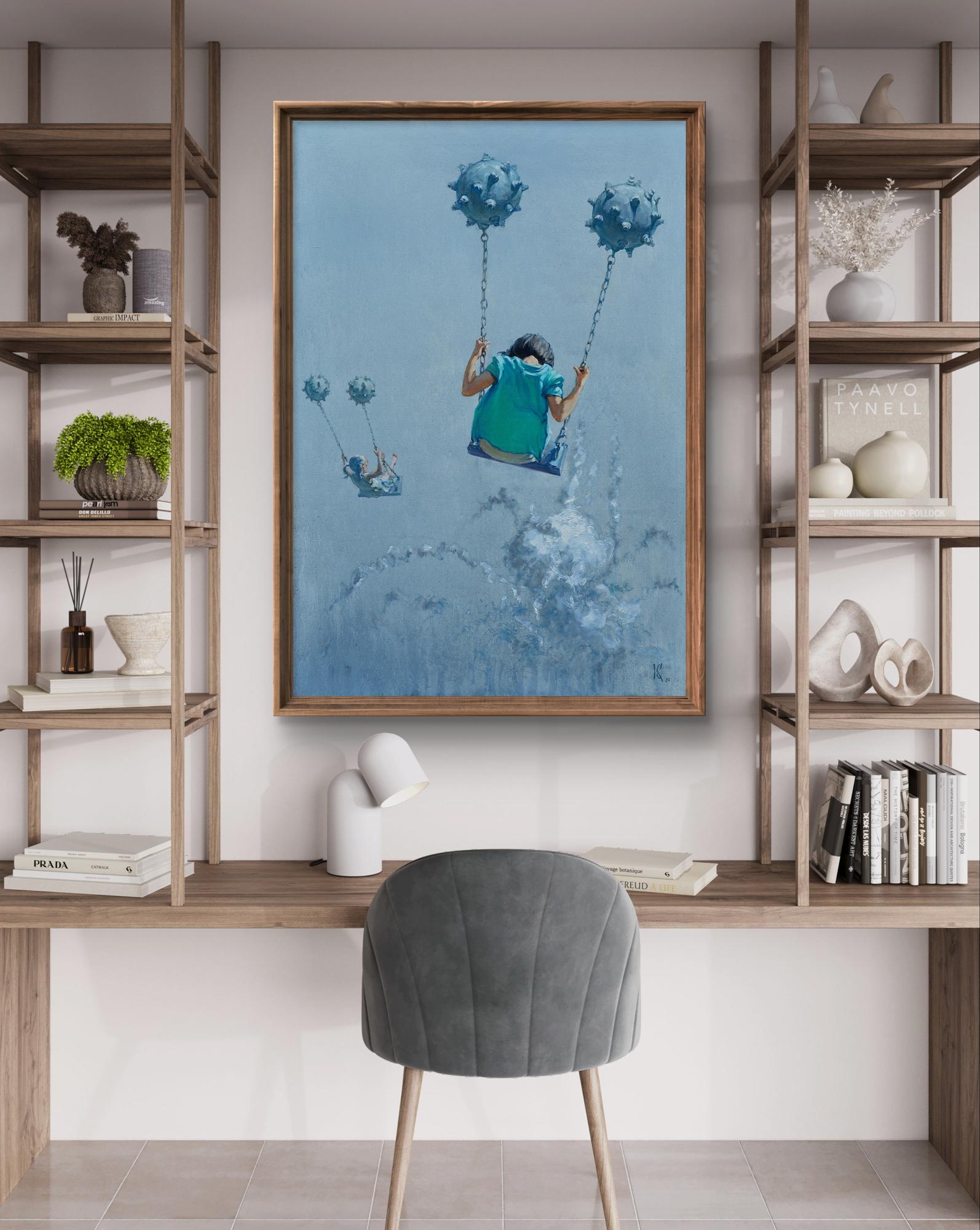 Oil painting Aerial skating by Oleg Kateryniuk in wooden frame