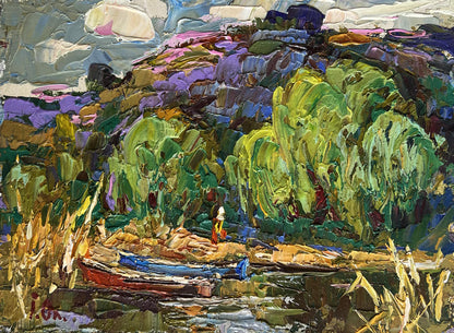 Vibrant impressionist oil painting of red blue boats by Oleksiy Ivanyuk