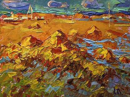 Vibrant impressionist oil painting Hay harvest in autumn by Oleksiy Ivanyuk
