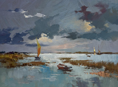 Moody impressionistic coastal painting with sailboats by Yuriy Suprunchuk