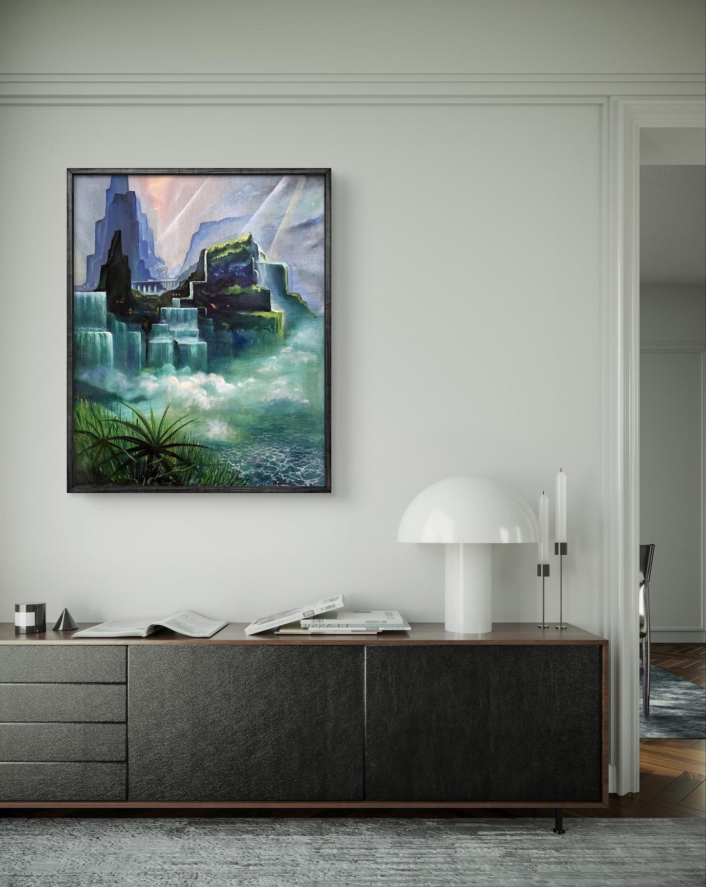 Framed Oil painting Valley of waterfalls by Serhii Prybyshenya