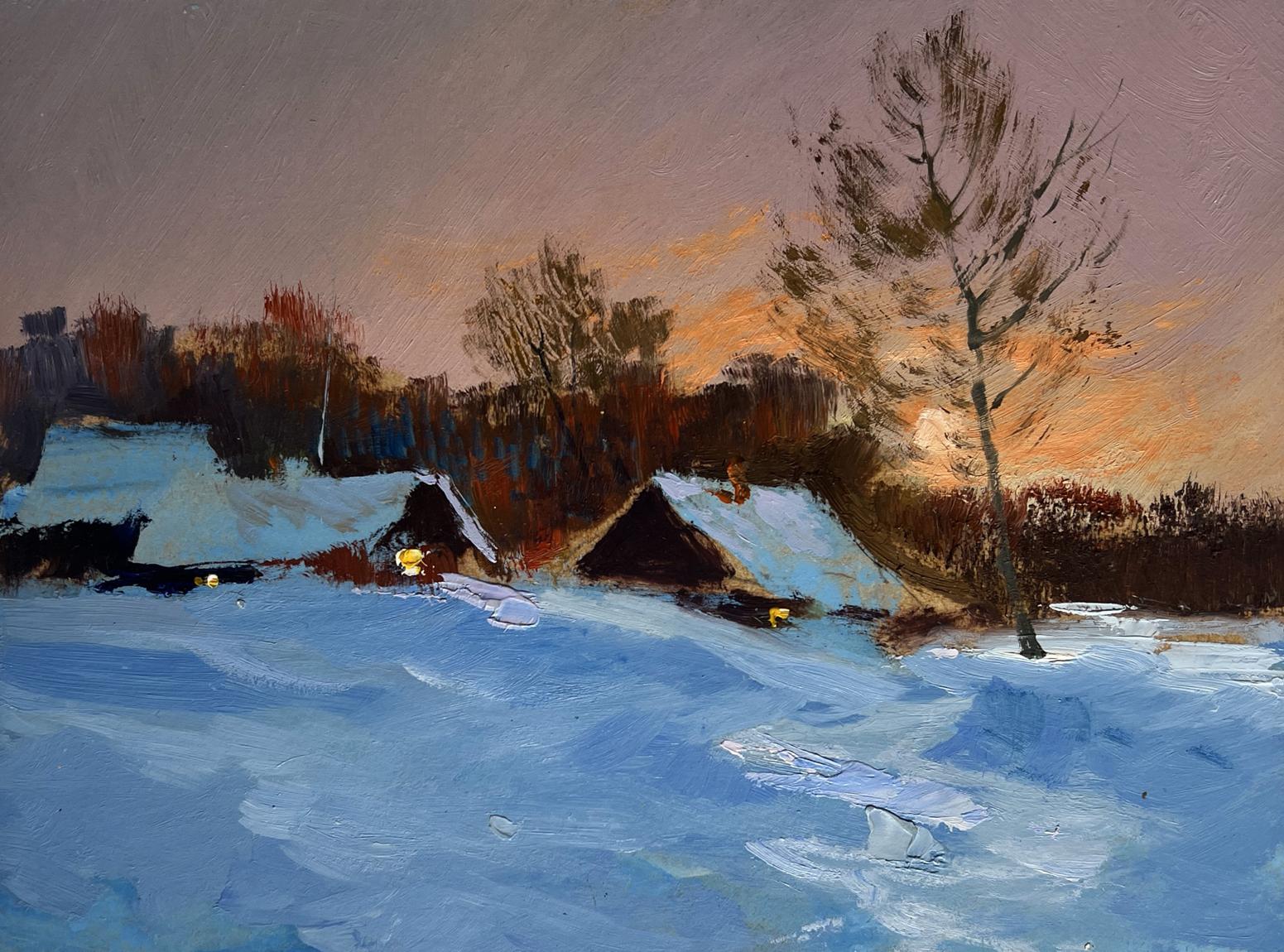 Oil painting of snow-covered wooden houses glowing warmly at twilight by Yuriy Suprunchuk