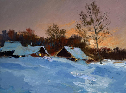 Oil painting of snow-covered wooden houses glowing warmly at twilight by Yuriy Suprunchuk