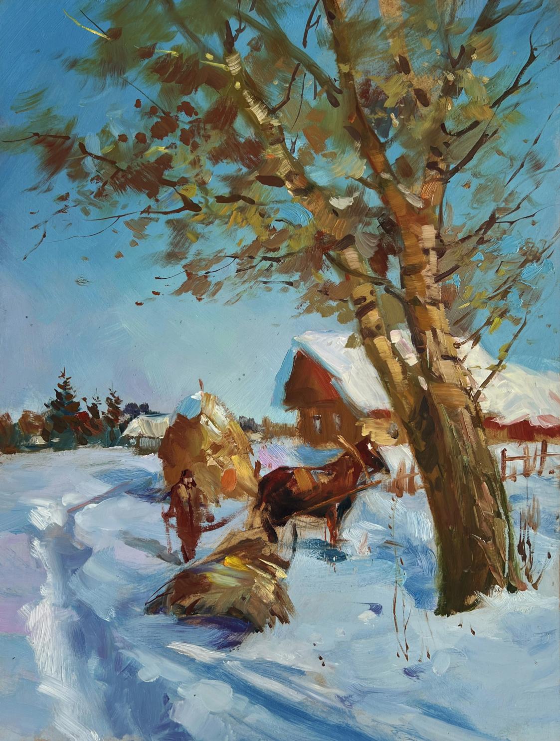 Oil painting of rustic red house loading hay in snowy landscape by Yuriy Suprunchuk