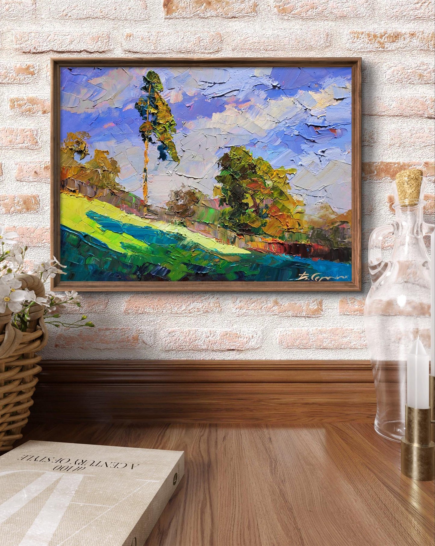 Oil painting The last days of summer by Boris Serdyuk, lush green hillside in frame
