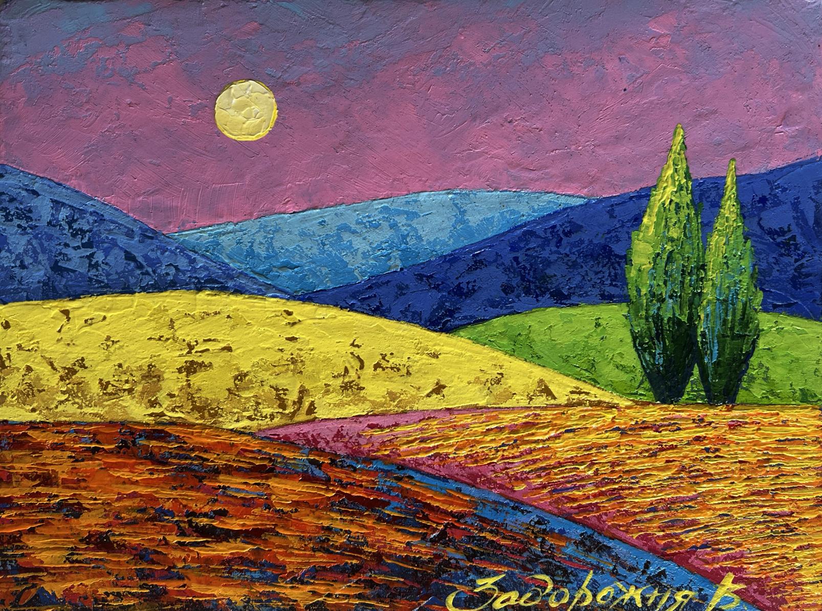 Vibrant impressionist oil painting by V. Zadorozhnya with pink sunset over plains