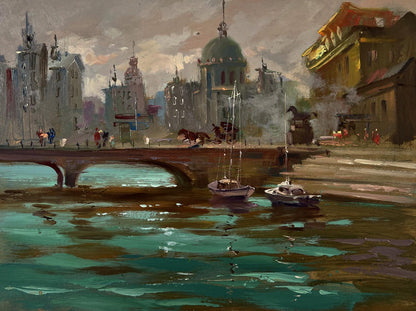 Oil painting of busy city streets with bridge over teal water by Yuriy Suprunchuk