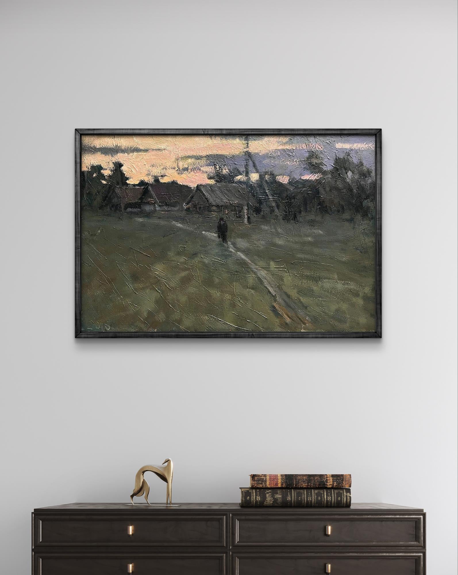 Oil painting Cold September by Volodymyr Pashchenko, impressionistic dusk landscape