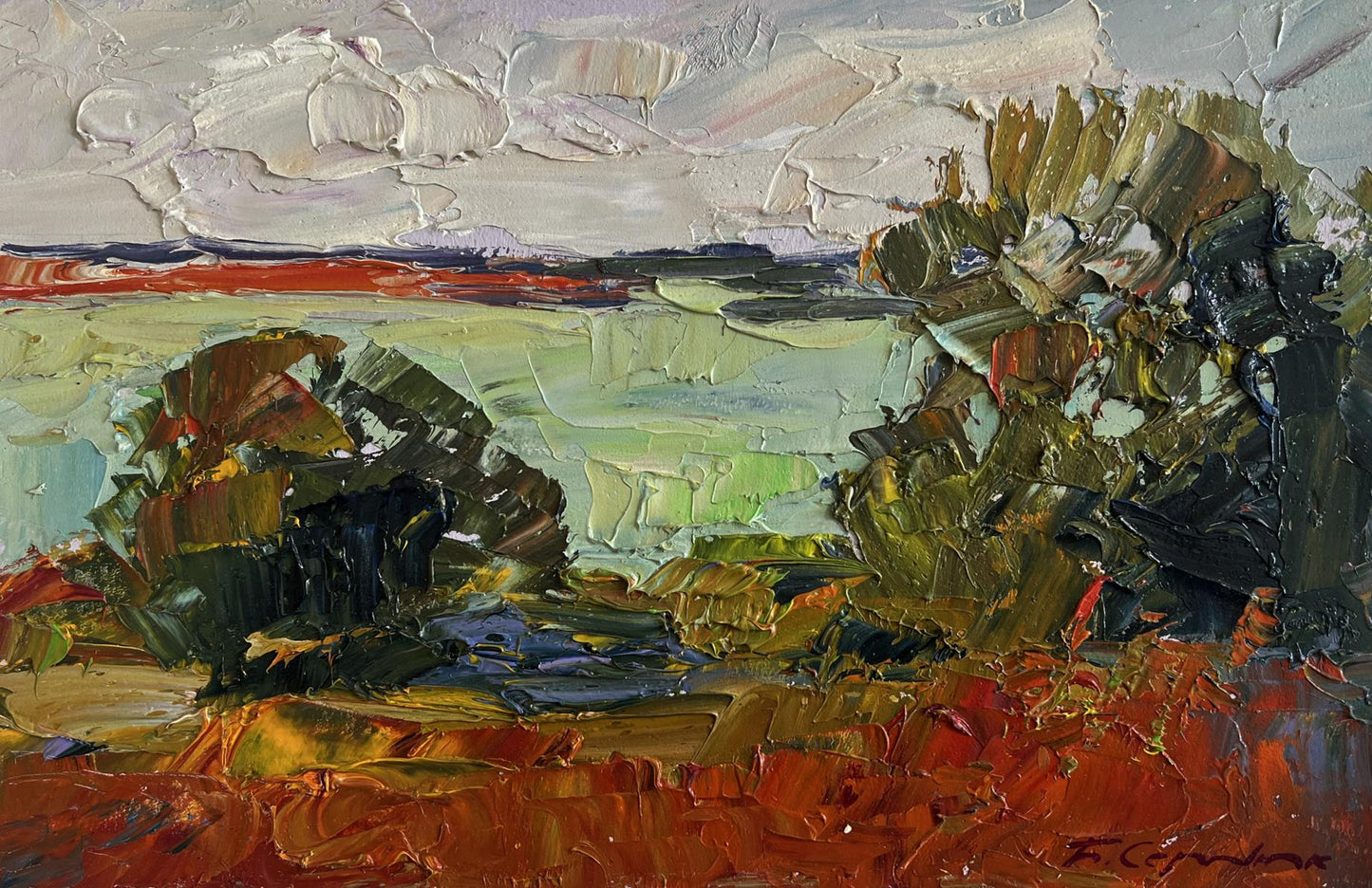 Impasto oil painting Autumn days by the river by Boris Serdyuk