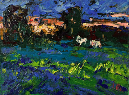 Vibrant Night Meadows oil painting by Oleksiy Ivanyuk, impressionist landscape
