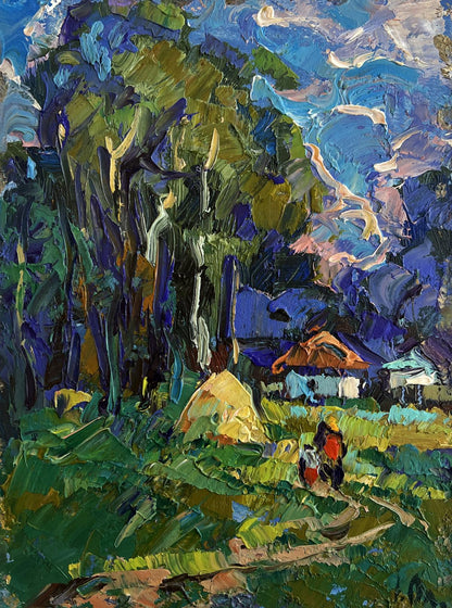 Vibrant impressionist oil painting by Oleksiy Ivanyuk: house near forest
