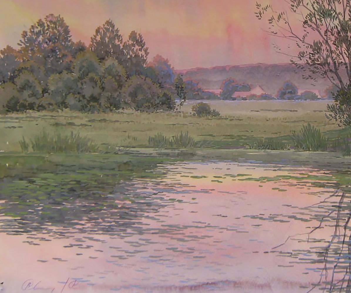 Watercolor painting Sunset over the river by Valery Savenets