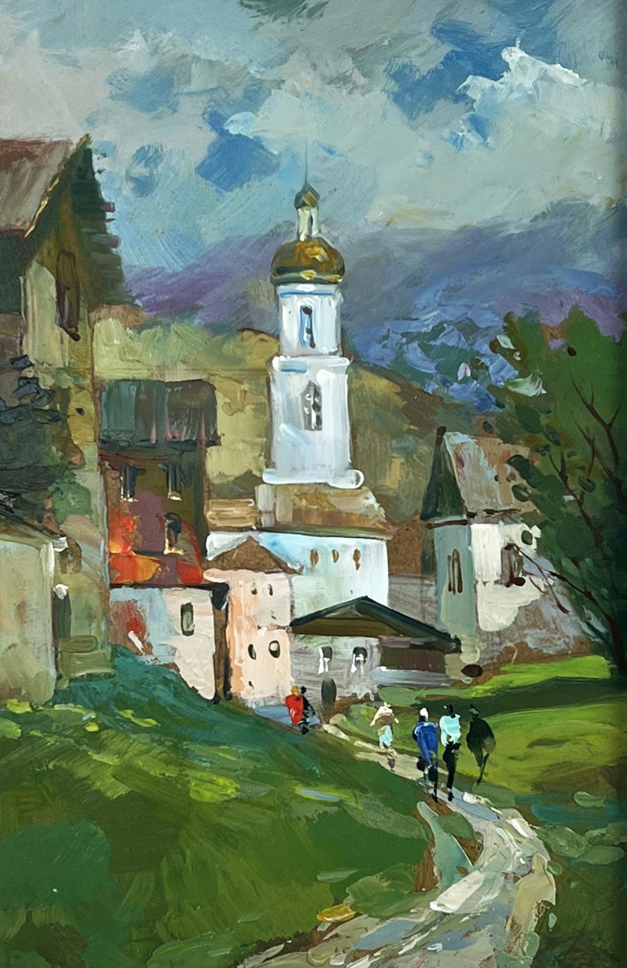 Oil painting of white church tower with golden dome by Yuriy Suprunchuk