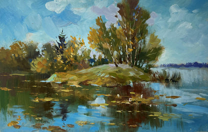 Oil painting The river washes the forest by Yuriy Suprunchuk: autumn trees by calm water