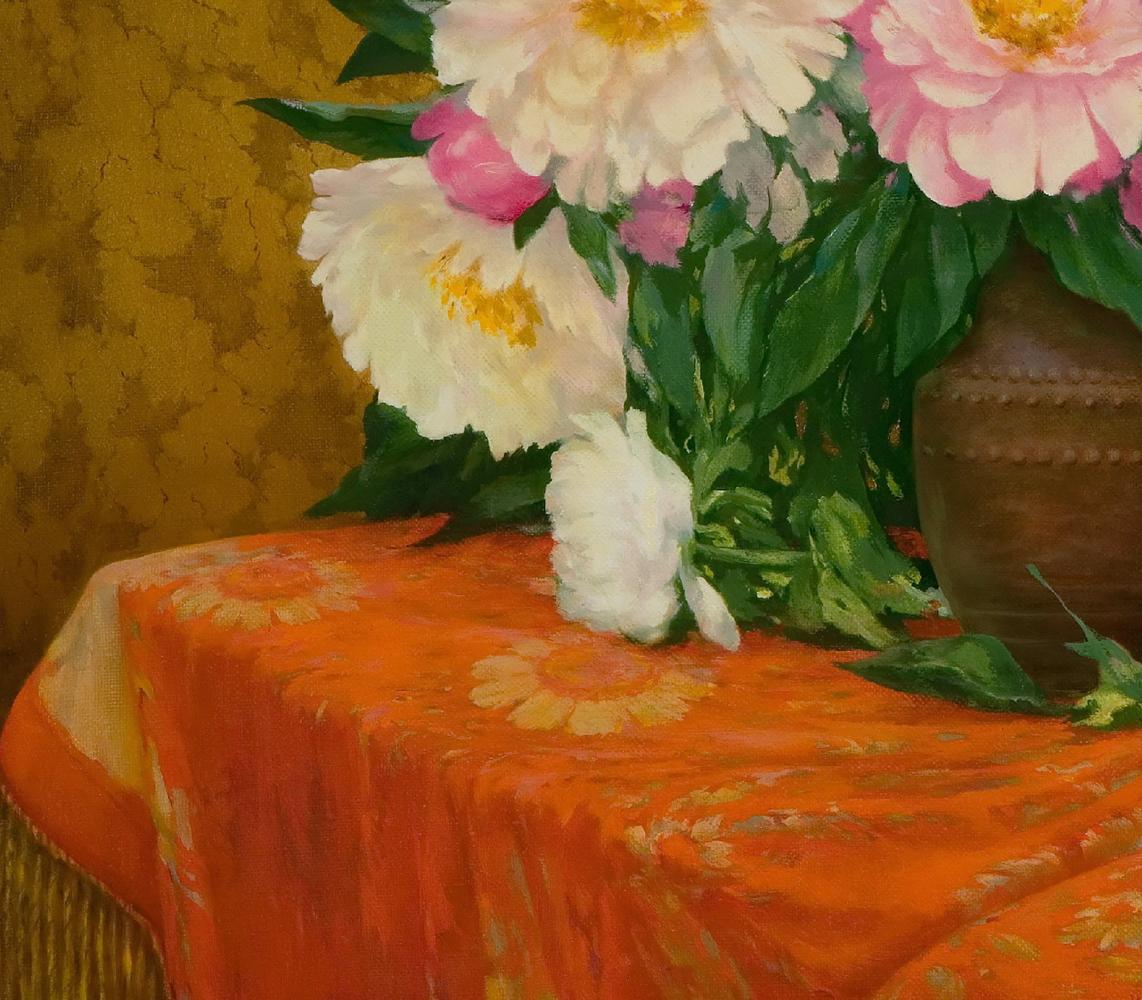 Oil painting of pink and white peonies in rustic vase by Vasily Korkishko