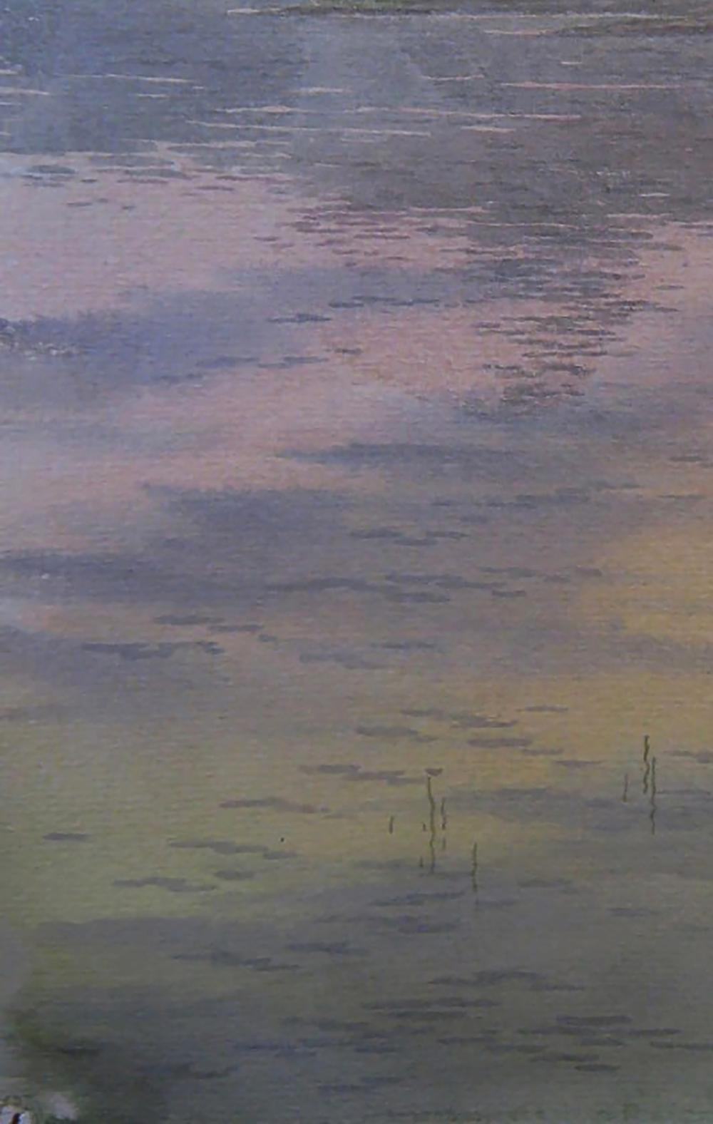 Serene morning river watercolor by Valery Savenets with pink purple sky reflections