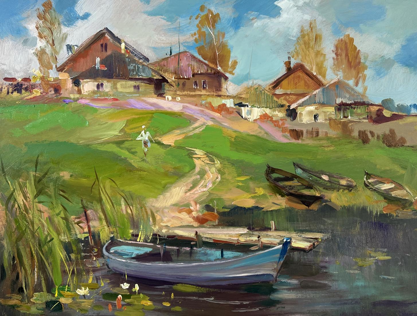 Oil painting of blue wooden rowboat by village boat ferry, Yuriy Suprunchuk