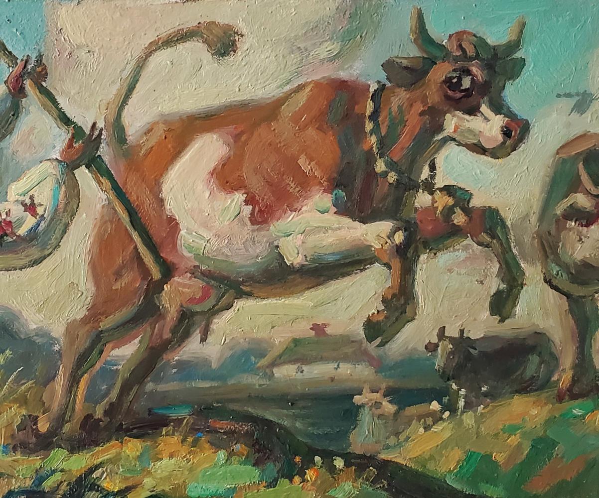 Rustic horned cow in dynamic pose, oil painting A country summer day by Daniil Litvinov