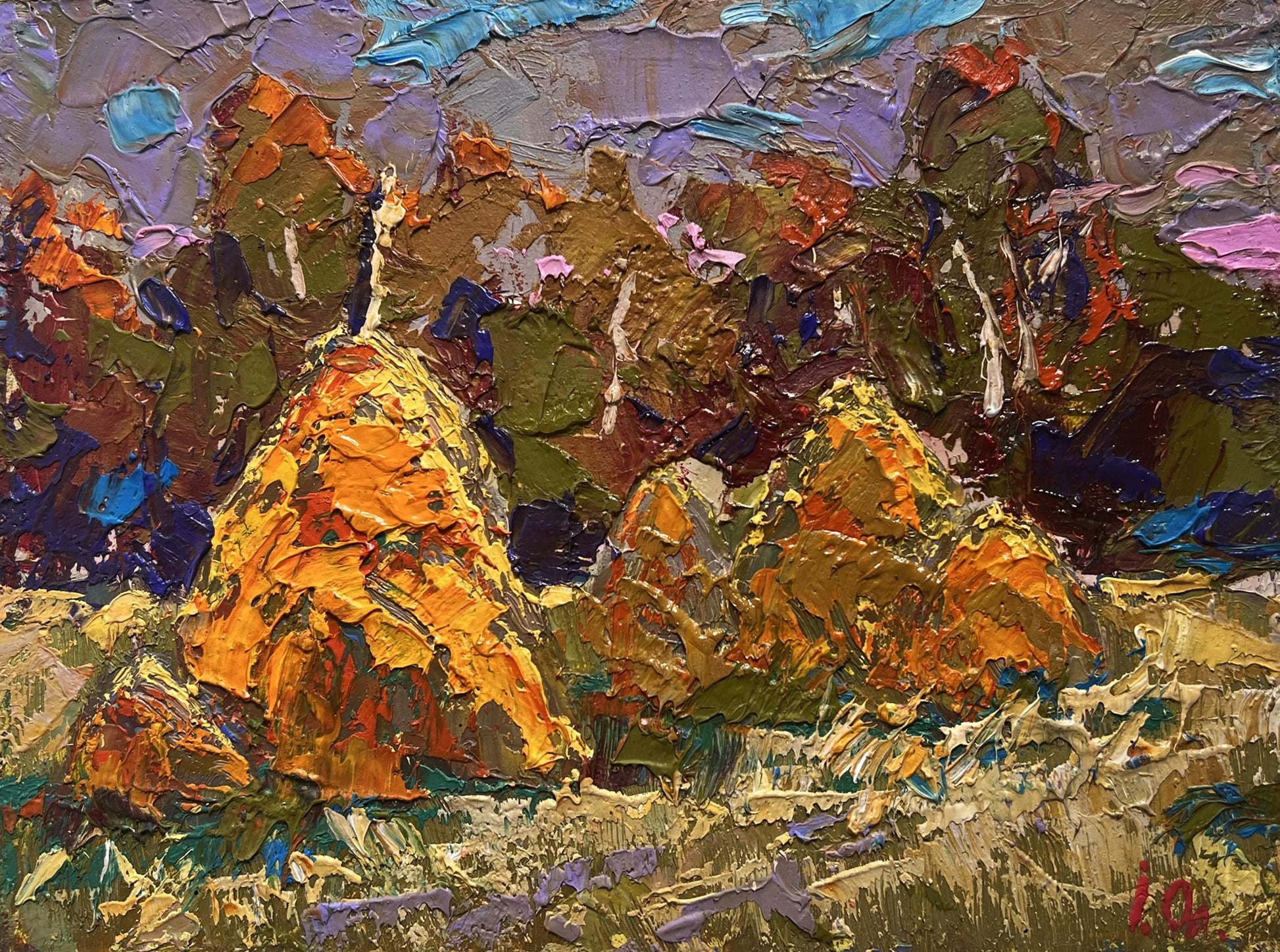 Vibrant impressionist oil painting Haystacks in the field by Oleksiy Ivanyuk