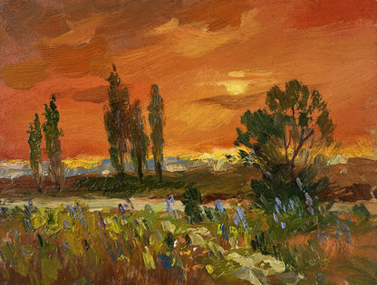 Vibrant oil painting Evening Moment by Yuriy Suprunchuk: sunset over field