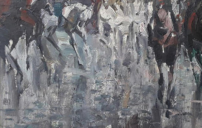 Abstract gray horse parade oil painting on Red Square by Vasily Korkishko