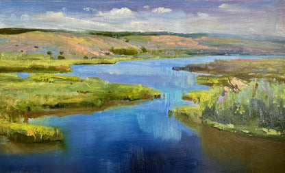 Oil painting by Tatyana Derdey: sunny summer day with river and hills