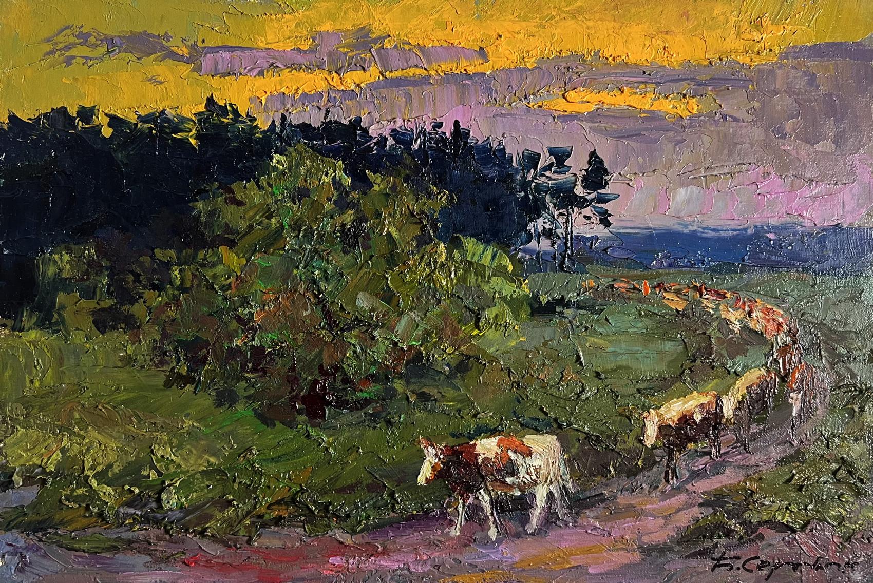 Oil painting The cows are going home by Boris Serdyuk vibrant herd in fields