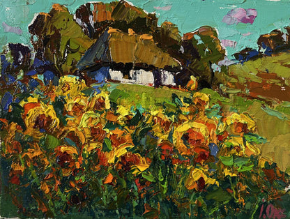 Vibrant impressionist oil painting of rural sunflowers cottage by Oksana Ivanyuk