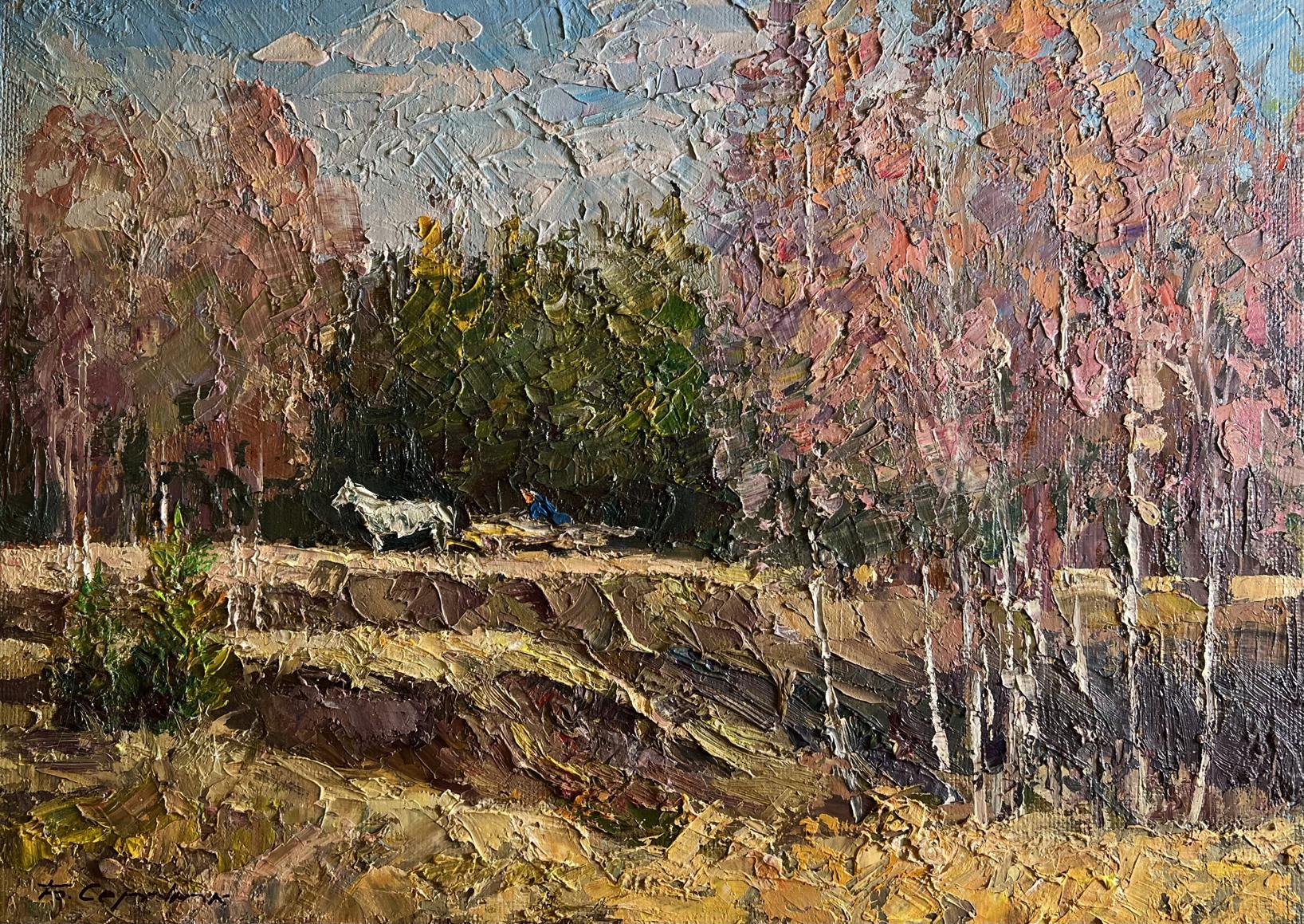 Oil painting Along the forest road by Boris Serdyuk: white horse on rocky path