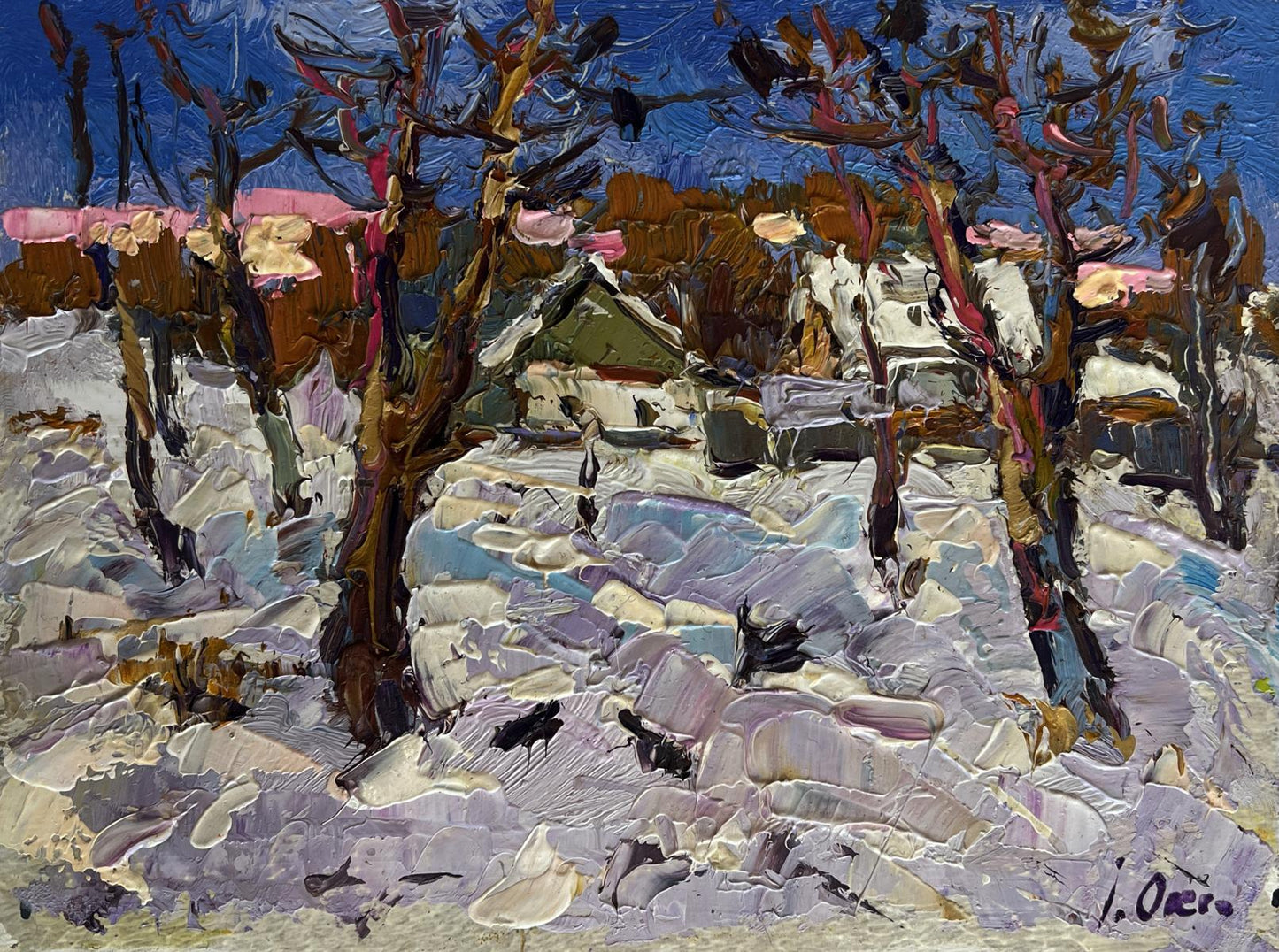 Textured impressionist oil painting of crows in snowy trees by Oksana Ivanyuk