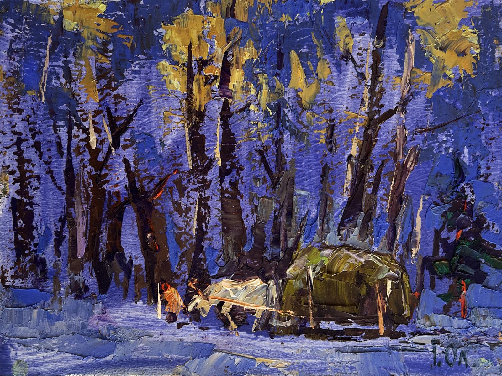 Oil painting Home on a winter evening by Oleksiy Ivanyuk snowy forest scene
