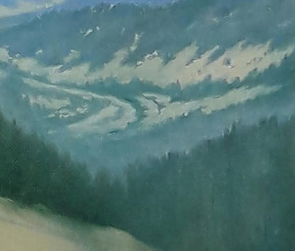 Oil painting of serene forested mountains by Vasily Korkishko