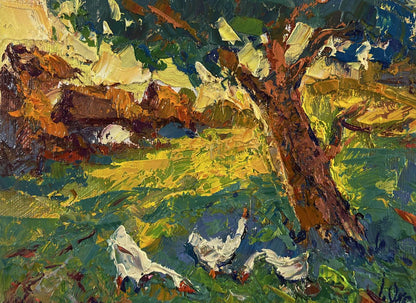 Oil painting In the shade of the trees by Oksana Ivanyuk with geese