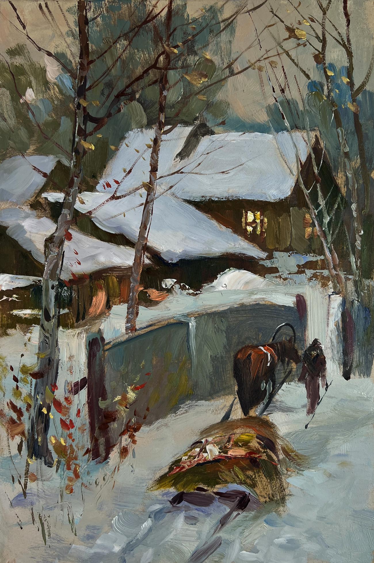 Oil painting of snow-covered wooden house glowing warmly by Yuriy Suprunchuk