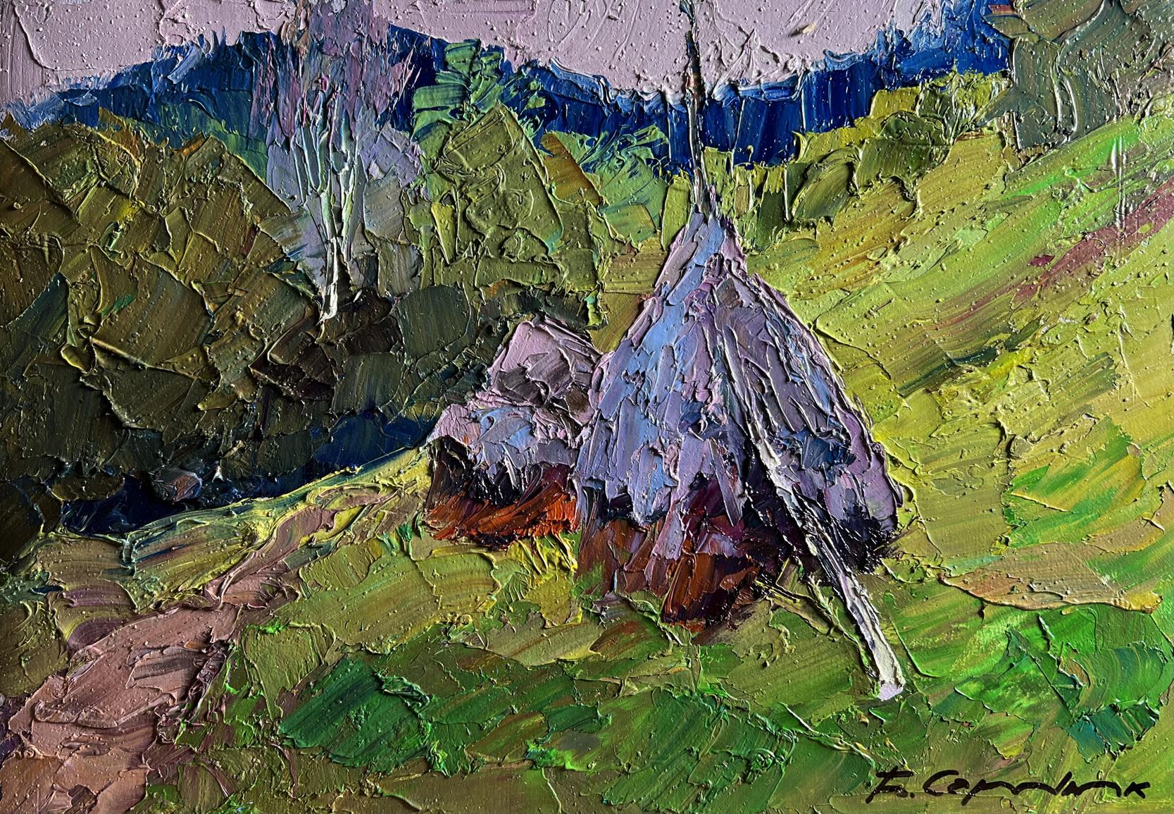 Oil painting Path to the Mountains by Boris Serdyuk, vibrant green-blue landscape