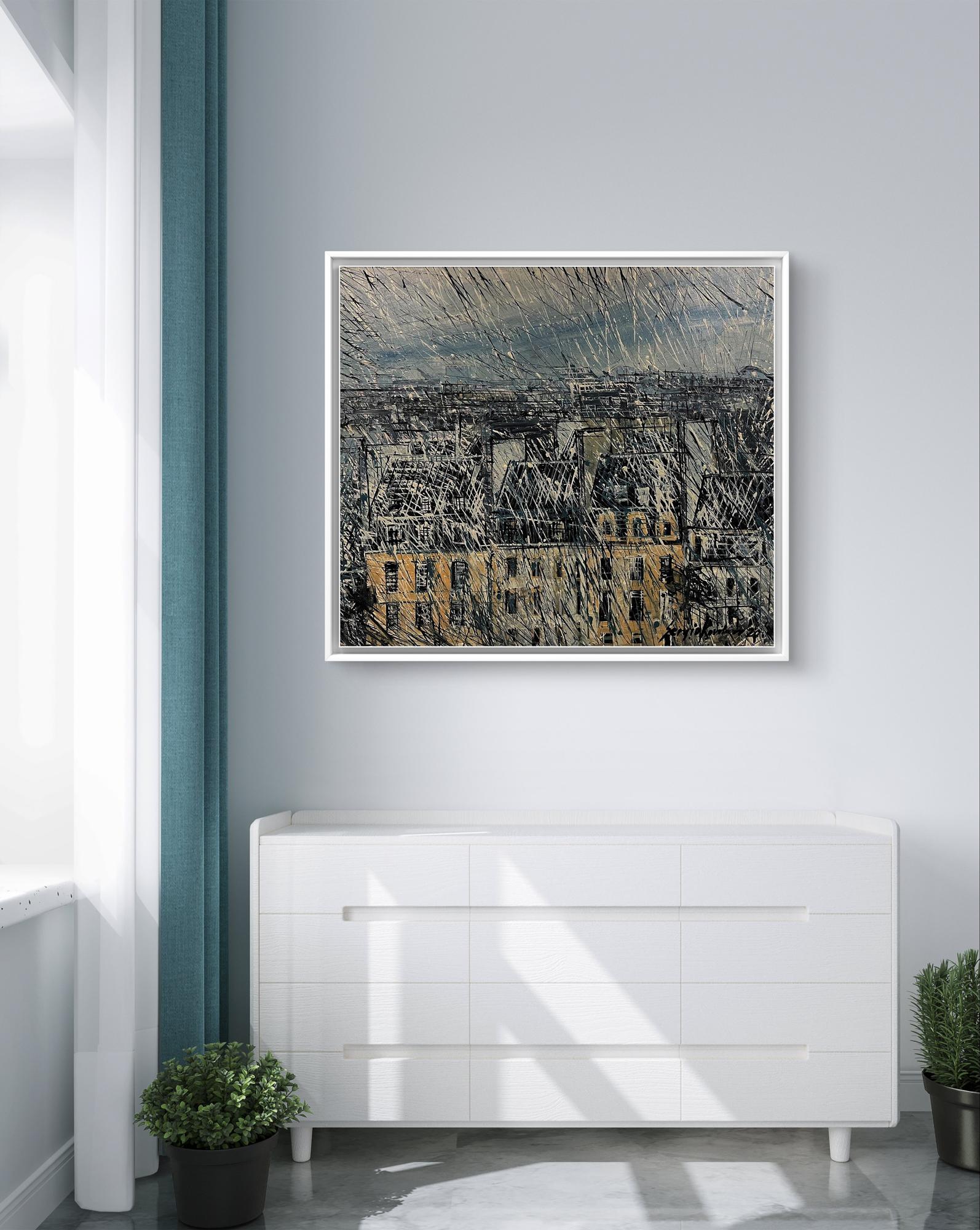 Framed abstract cityscape oil painting by Serhiy Kovalev with yellow building