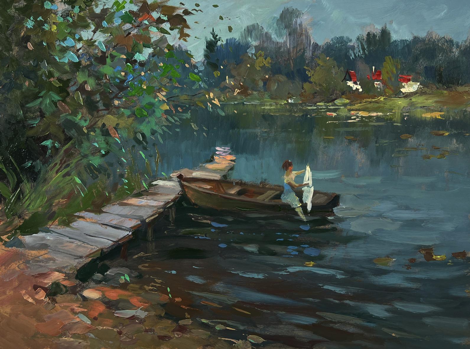 Oil painting of girl in wooden rowboat holding white object by Yuriy Suprunchuk