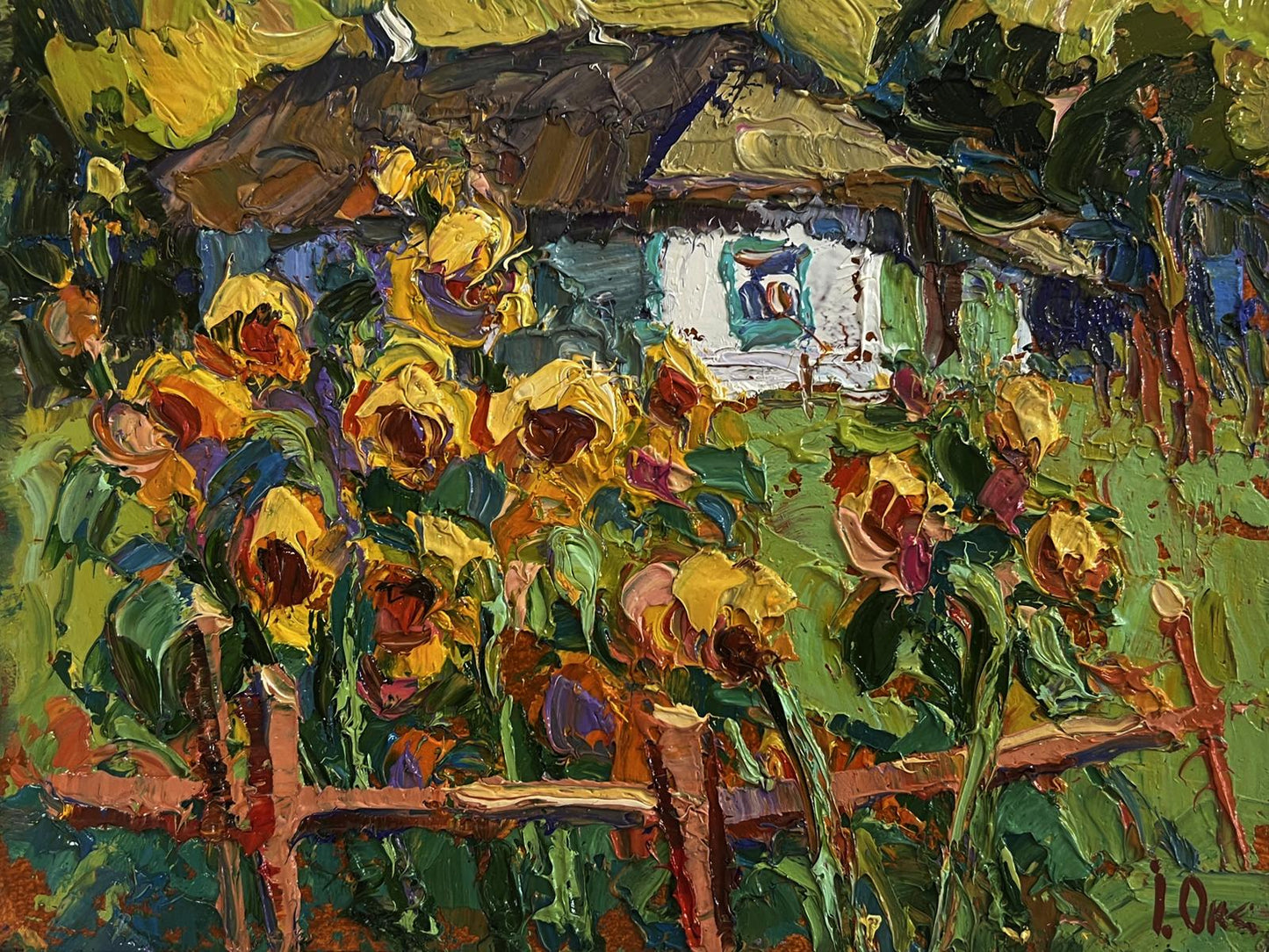 Vibrant yellow sunflowers in the yard oil painting by Oksana Ivanyuk
